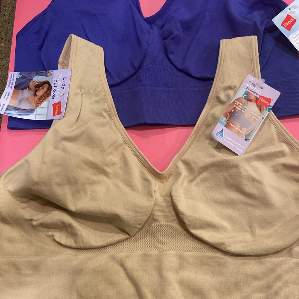 NWT 2XL Hanes Seamless Pullover Bras. Lot of 2 - beige & blue.